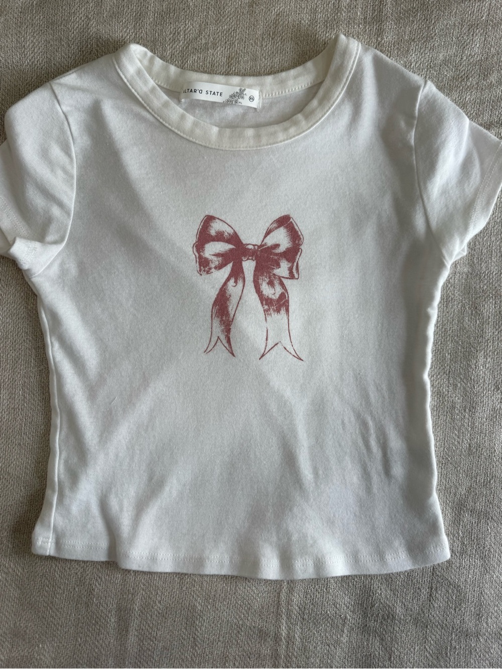 Altar'd State  White Tee with Dusty Rose Bow Graphic